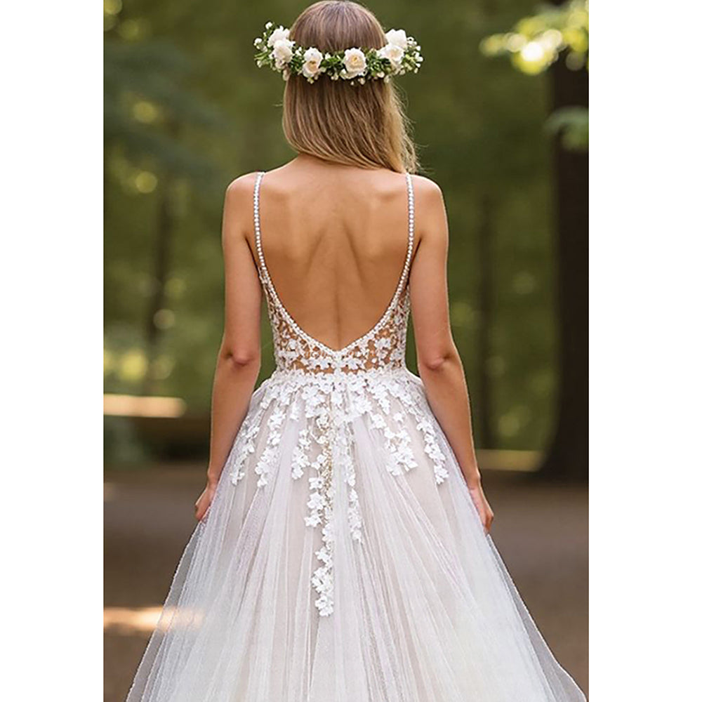 Spaghetti Straps Wedding Dresses Boho Lace Appliques A-Line V-Neck Tulle Bridal Gowns