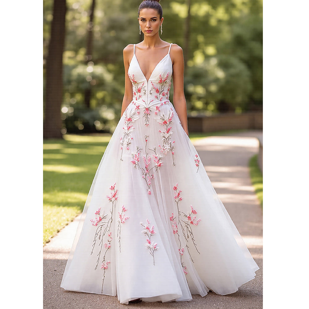 Pink Floral Embroidery V-Neck Wedding Dress Spaghetti Straps A Line Wedding Gown