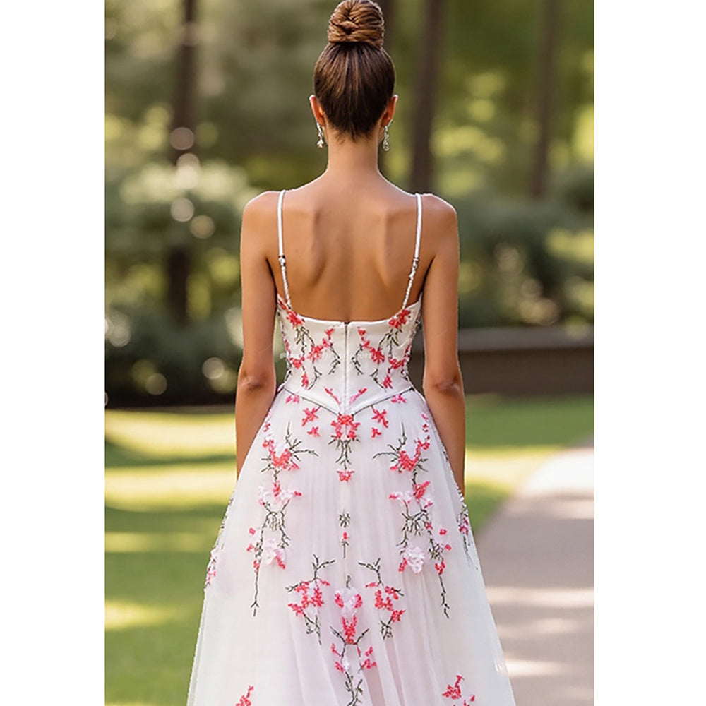 Pink Floral Embroidery V-Neck Wedding Dress Spaghetti Straps A Line Wedding Gown
