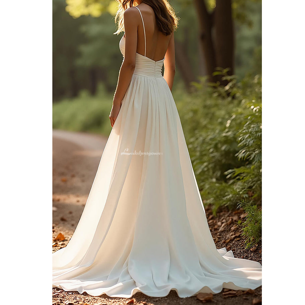 Ivory Spaghetti Straps Simple Chiffon A Line Wedding Dress