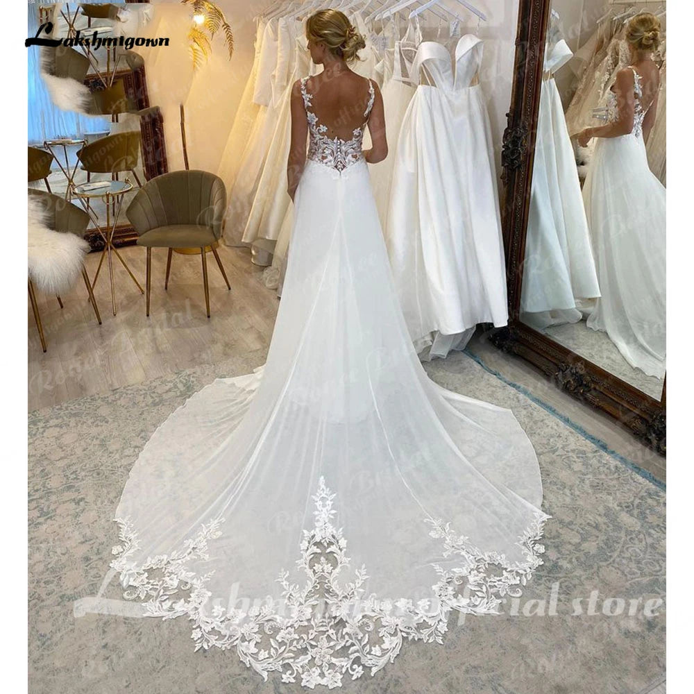 A-Line Split Chiffon Illusion Bodice Backless Beach Wedding Dresses