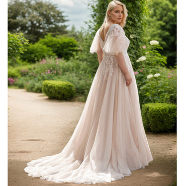 Abito da sposa taglie forti 2025 Abiti da sposa a-line in pizzo champagne con applicazioni nuove da donna