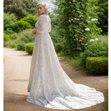 Plus Size Full Lace Long Sleeve Boho Wedding Dresses 2025 New Women V Neck Bridal Gowns