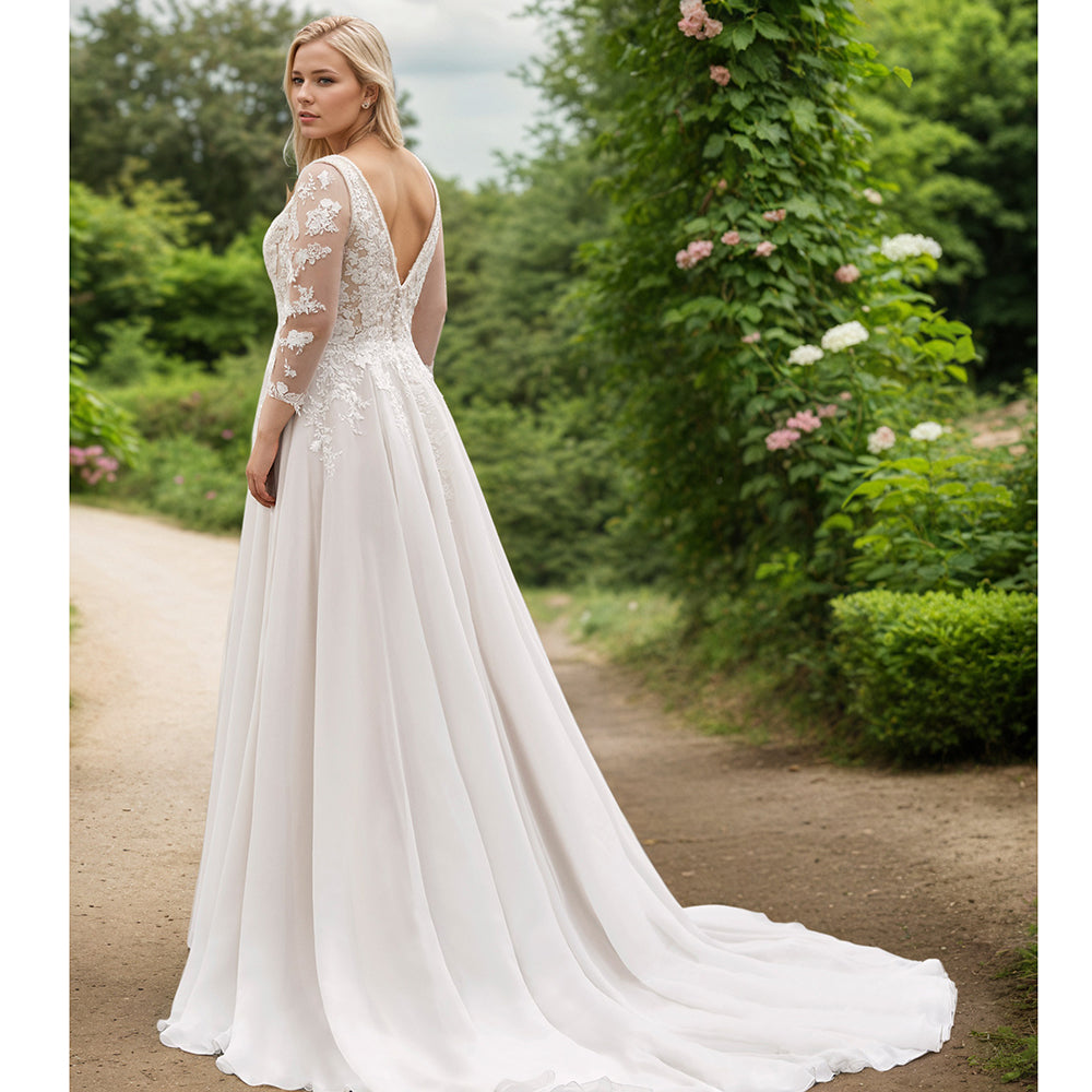 女性用ケープ付きプラスサイズ長袖ウェディングドレス