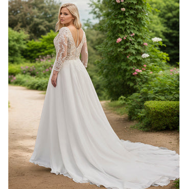 Robe de mariée grande taille en mousseline de soie, manches longues, col en V, dentelle, style bohème, robe de mariée
