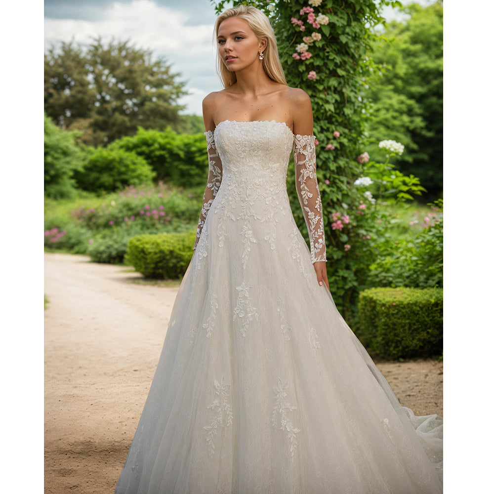 Strapless Wedding Dresses A Line Long Sleeve Woman's Bride Gowns