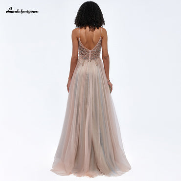 Sexy Abendkleid mit geteiltem V-Ausschnitt und Strasssteinen und Spaghettiträgern L99887