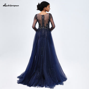 Exquisite V Neck Long Sleeves Beading A Line Evening Prom Dress L1105