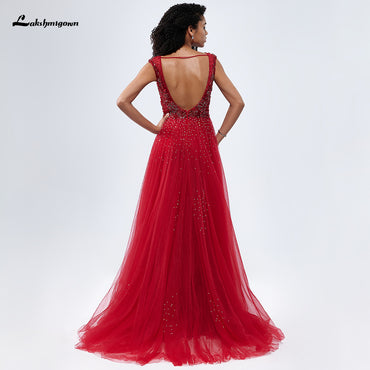 Red V Neck Off the Shoulder Beading A Line Evening Prom Dress L99306