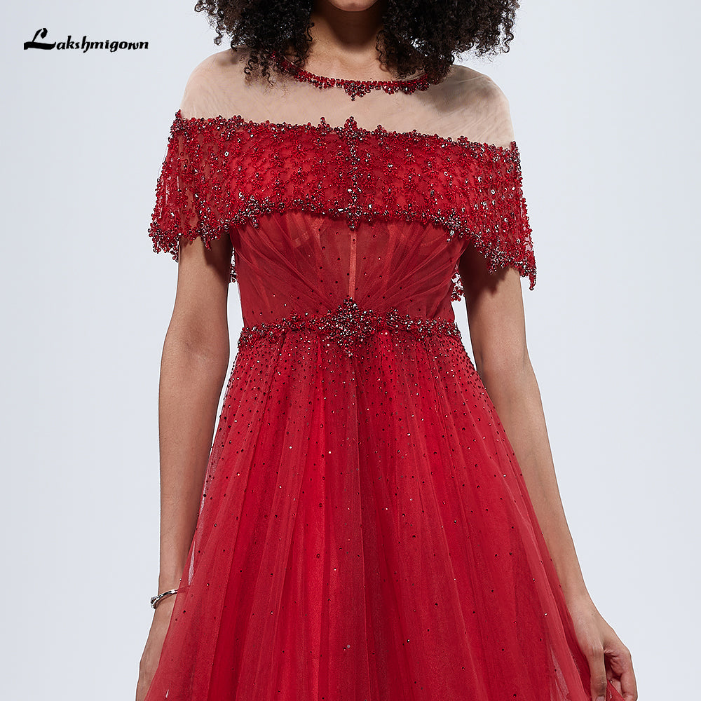 O-Neck Sequins Sexy Evening Dresses Short Sleeves A-Line Formal Gown L99305