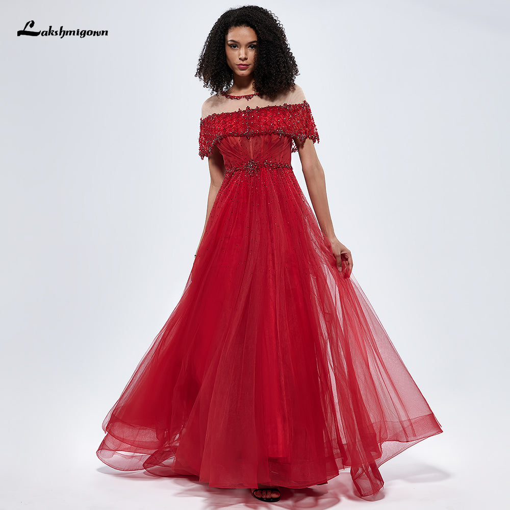 O-Neck Sequins Sexy Evening Dresses Short Sleeves A-Line Formal Gown L99305