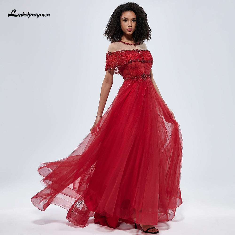 O-Neck Sequins Sexy Evening Dresses Short Sleeves A-Line Formal Gown L99305