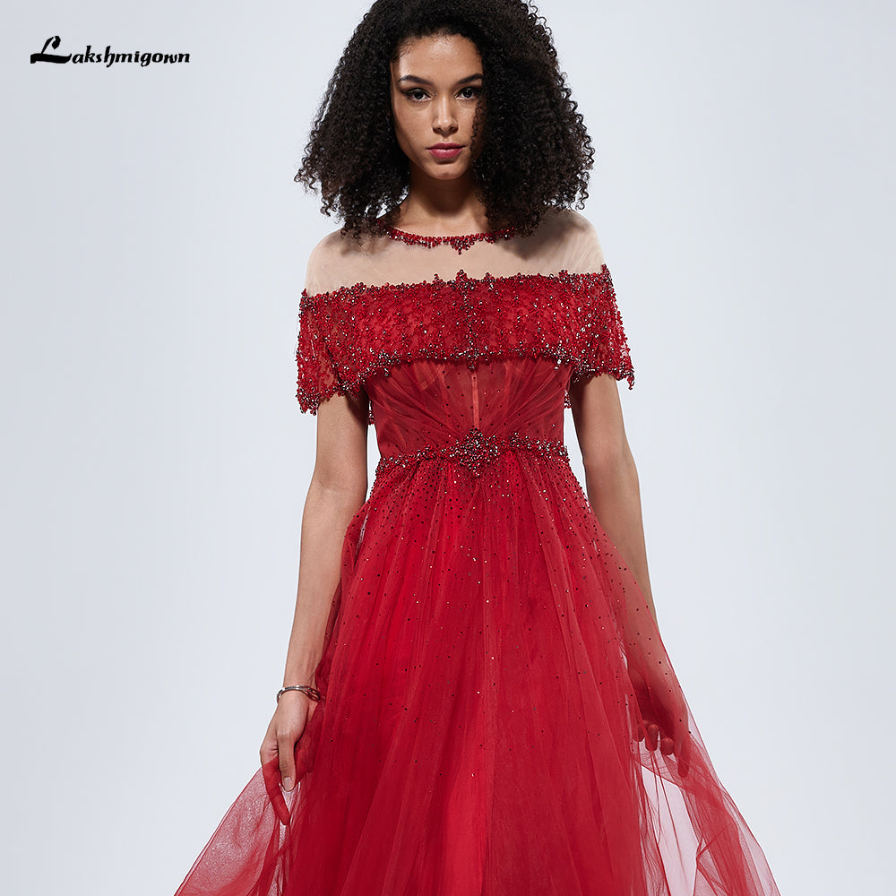 O-Neck Sequins Sexy Evening Dresses Short Sleeves A-Line Formal Gown L99305