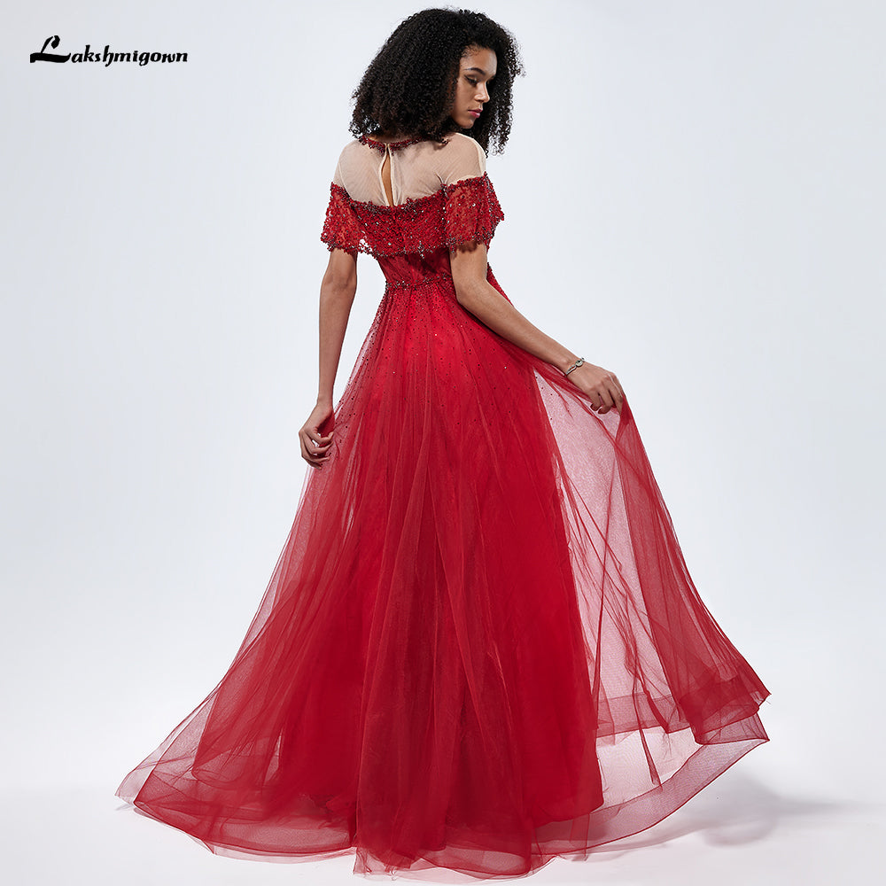 O-Neck Sequins Sexy Evening Dresses Short Sleeves A-Line Formal Gown L99305