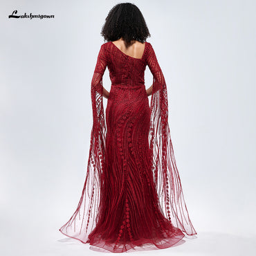 V Neck Long Sleeves Burgundy Mermaid Evening Prom Dress L9664