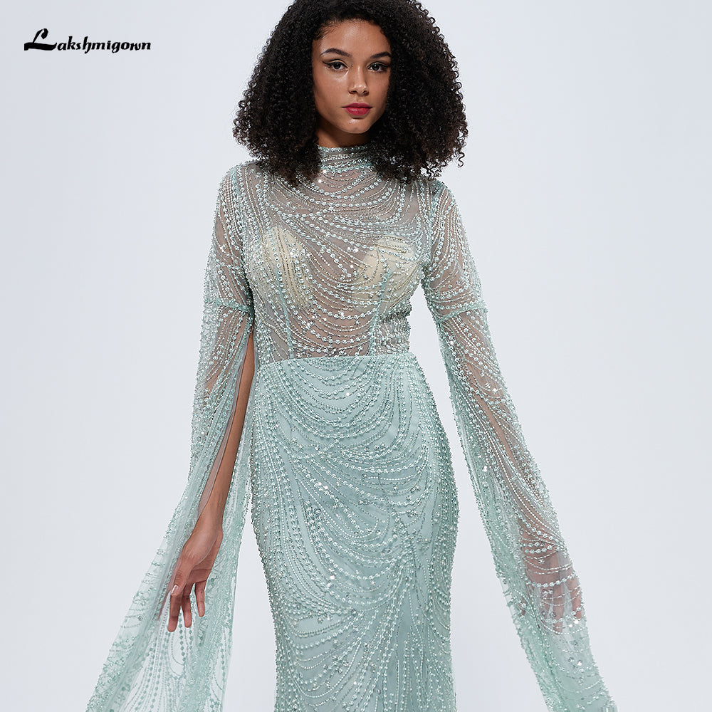 Dubai Mint Green Cape Sleeves Beaded Pearls Mermaid Evening Dress L9668
