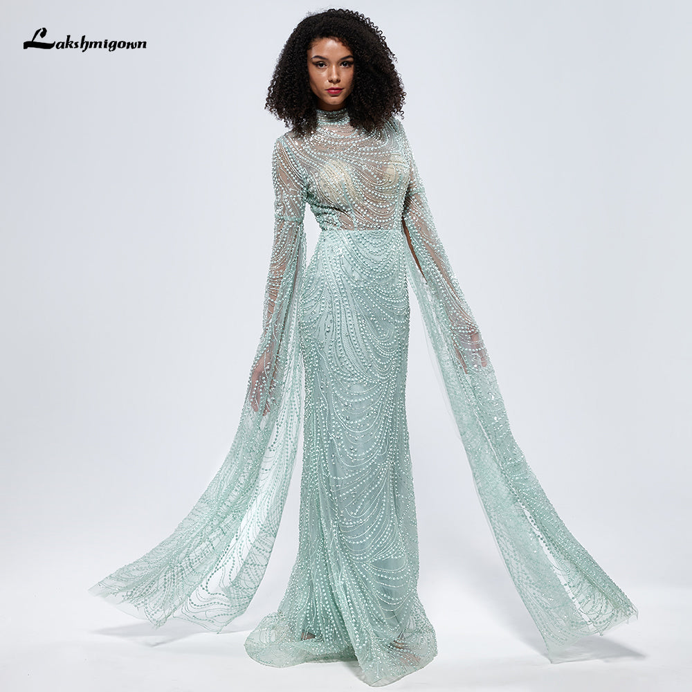 Dubai Mint Green Cape Sleeves Beaded Pearls Mermaid Evening Dress L9668