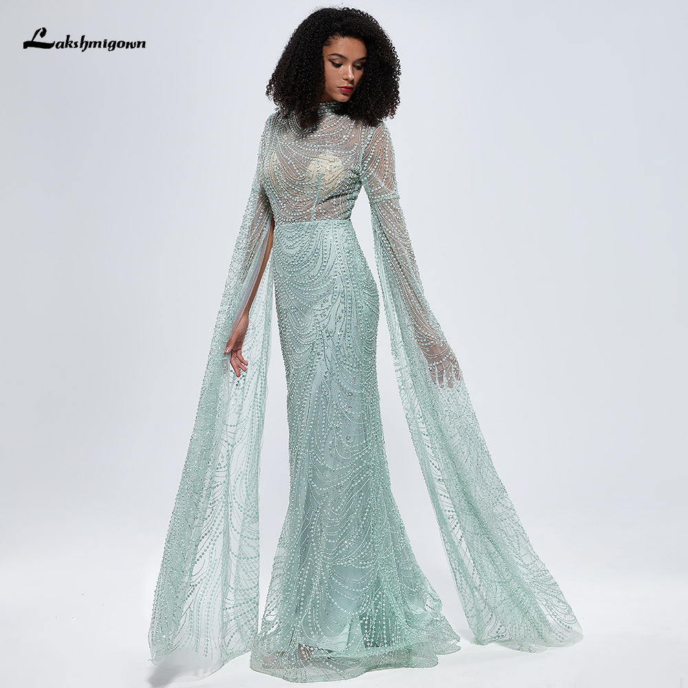 Dubai Mint Green Cape Sleeves Beaded Pearls Mermaid Evening Dress L9668