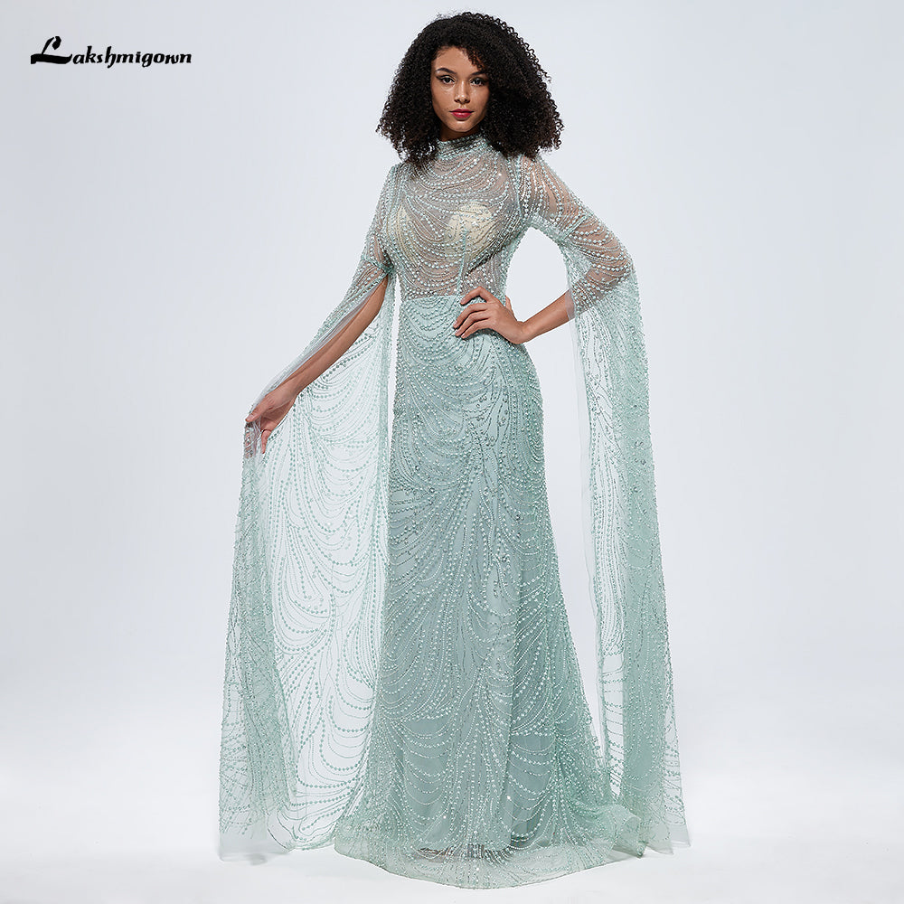 Dubai Mint Green Cape Sleeves Beaded Pearls Mermaid Evening Dress L9668