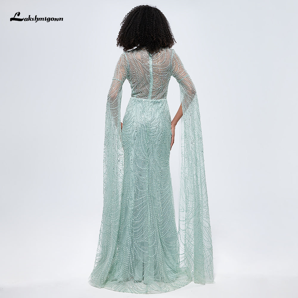 Dubai Mint Green Cape Sleeves Beaded Pearls Mermaid Evening Dress L9668