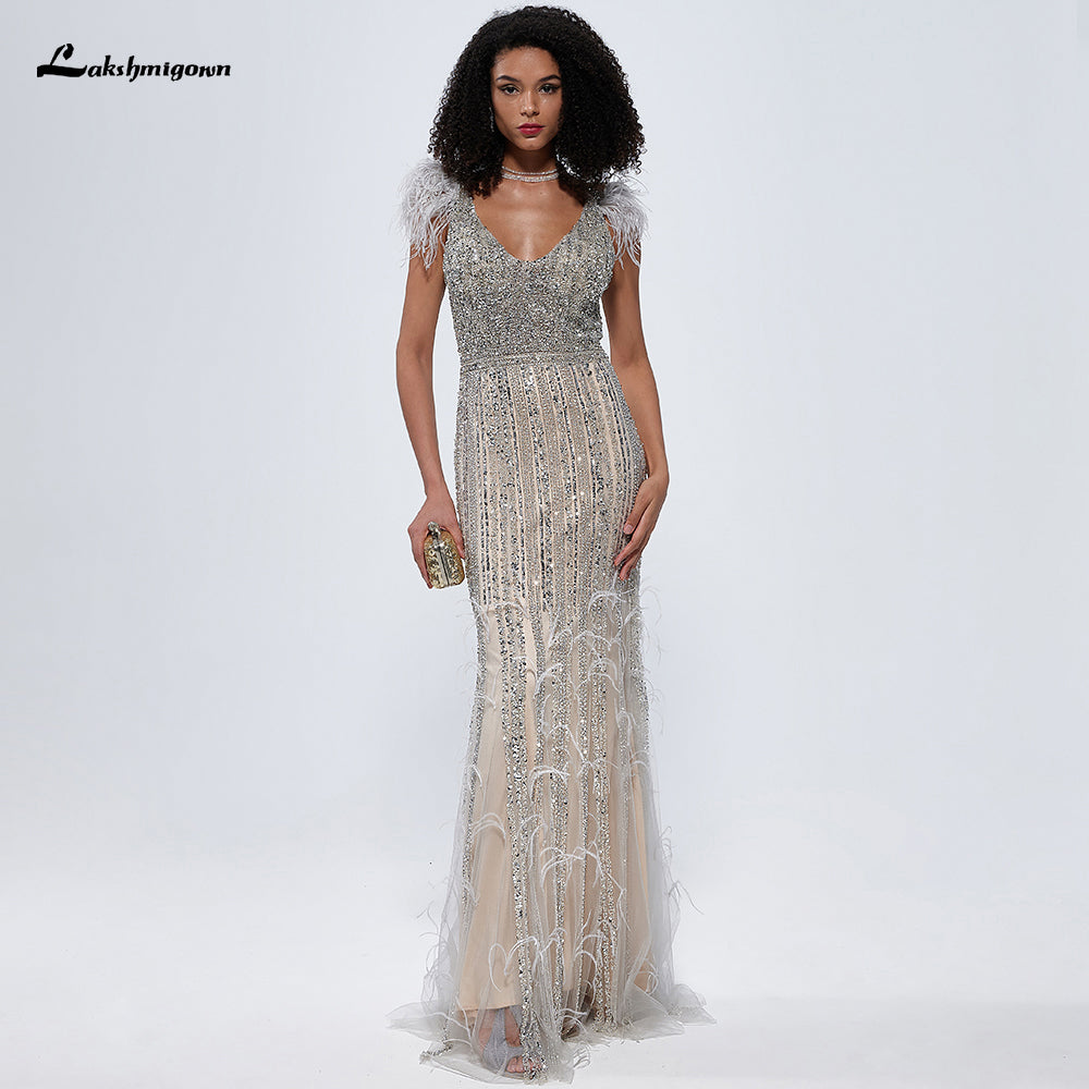 Luxury Feathered Heavily Beaded Tassel Mermaid Evening Prom Dress LO18 LAKSHMIGOWN Luxury Feathered Heavily Beaded Tassel Mermaid Evening Prom Dress LO18 LAKSHMIGOWN