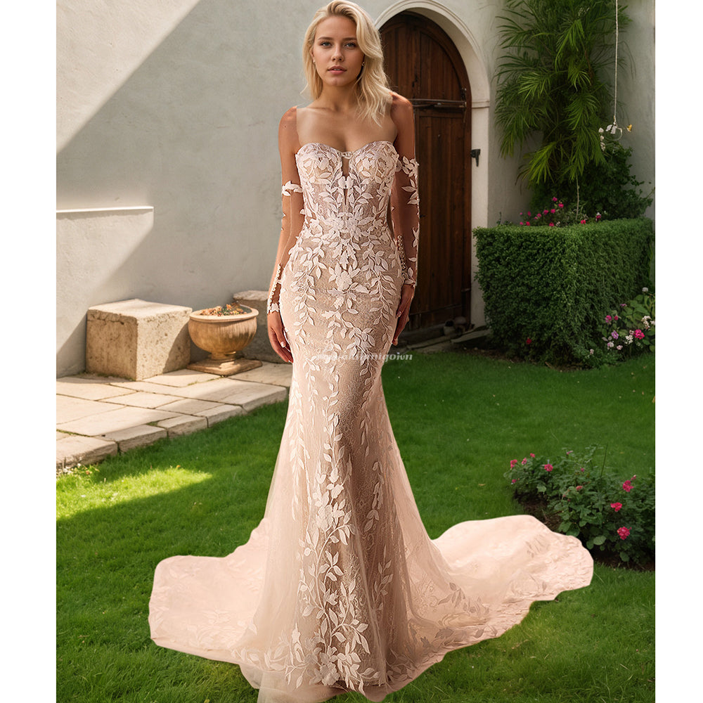 Mermaid Wedding Dress Bride Illusion Lace Appliques Tulle Bridal Gown