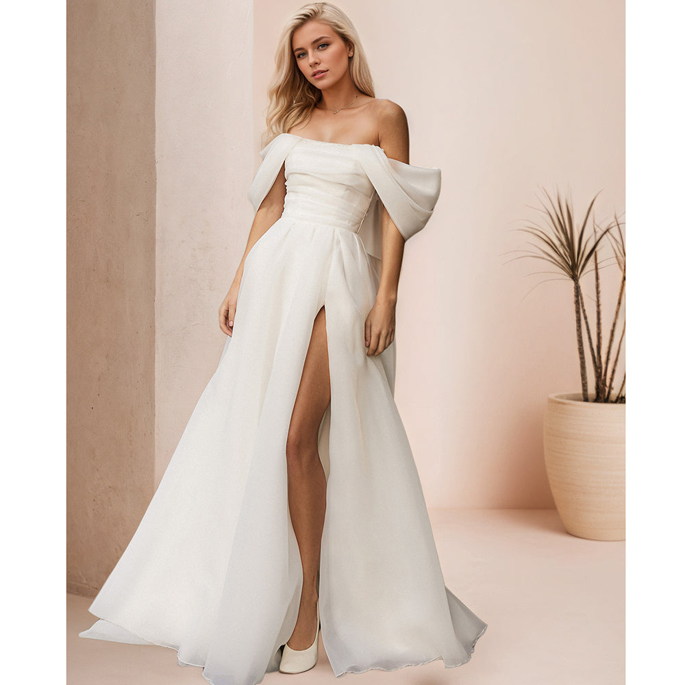 pleated organza wedding dress 44462: Organza A-Line Gown with Lightly Pleated Off-The-Shoulder Neckline