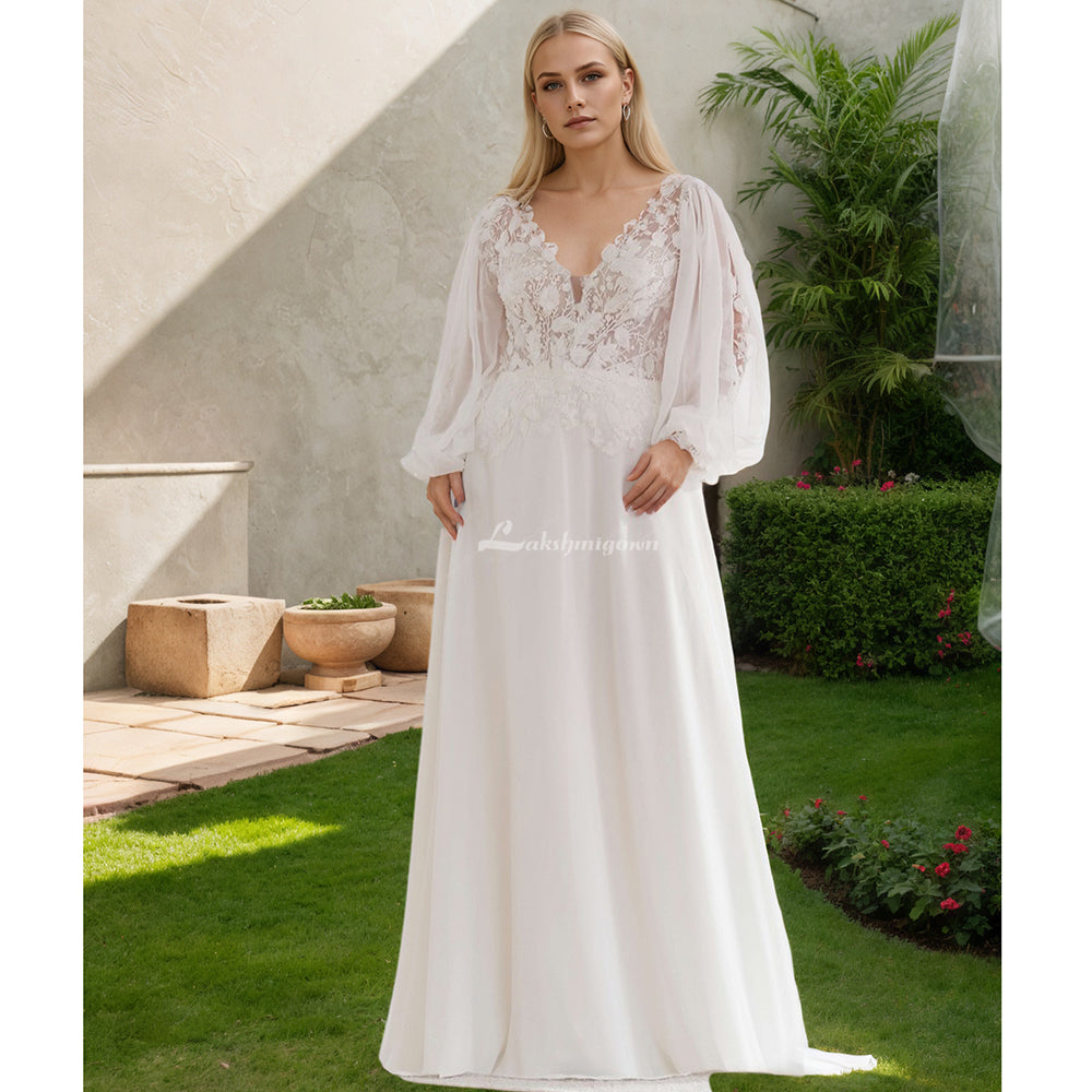 Plus Size Wedding Dress Puff Sleeves V Neck Applique See Through Chiffon A Line Boho Bridal Gown