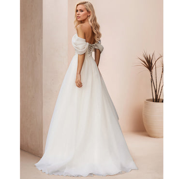 Vestidos de novia de organza plisados con hombros descubiertos