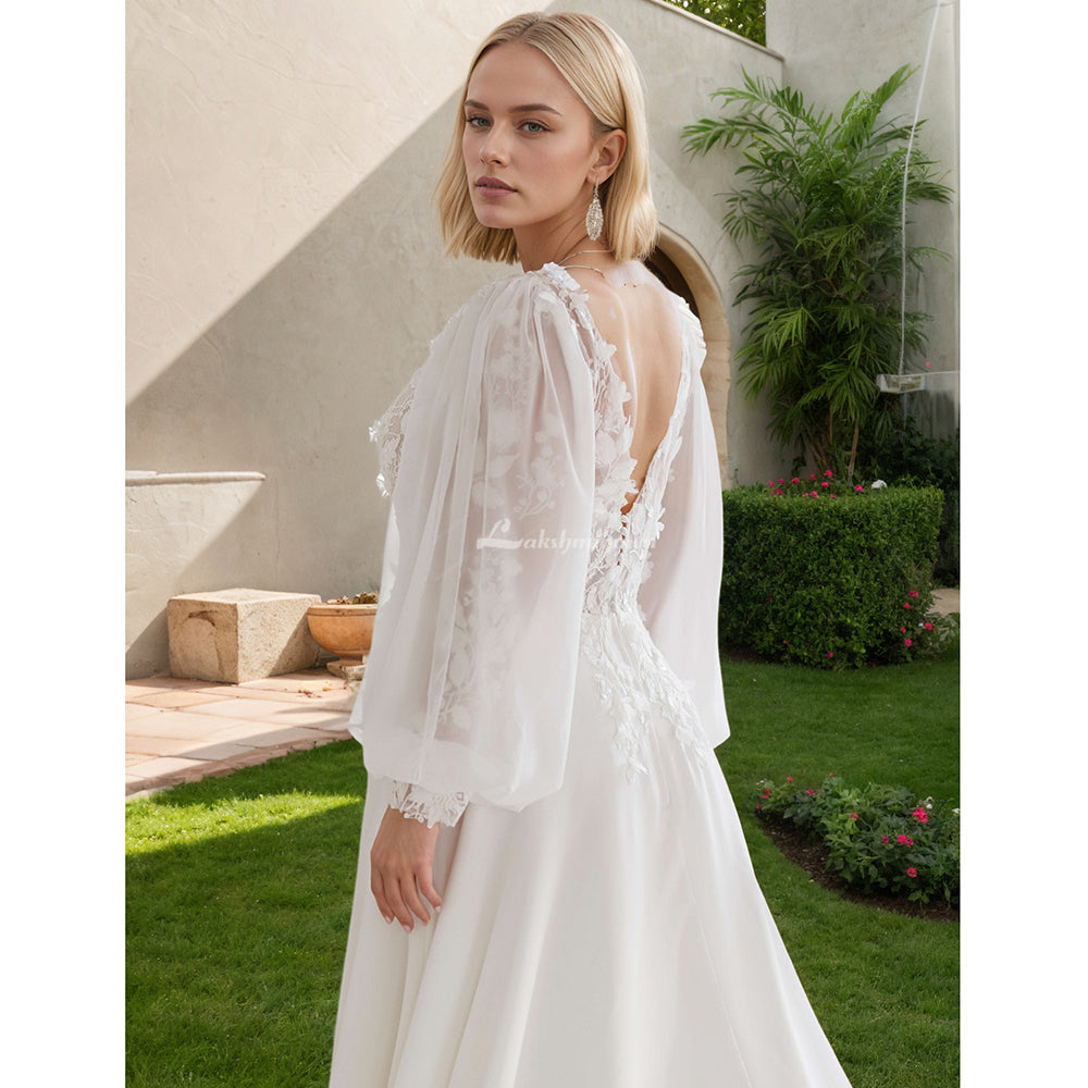 Plus Size Wedding Dress Puff Sleeves V Neck Applique See Through Chiffon A Line Boho Bridal Gown