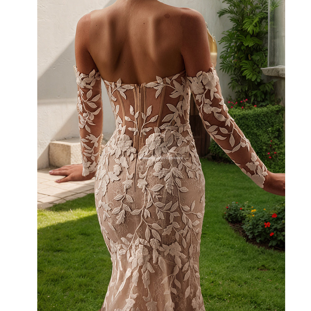 Mermaid Wedding Dress Bride Illusion Lace Appliques Tulle Bridal Gown