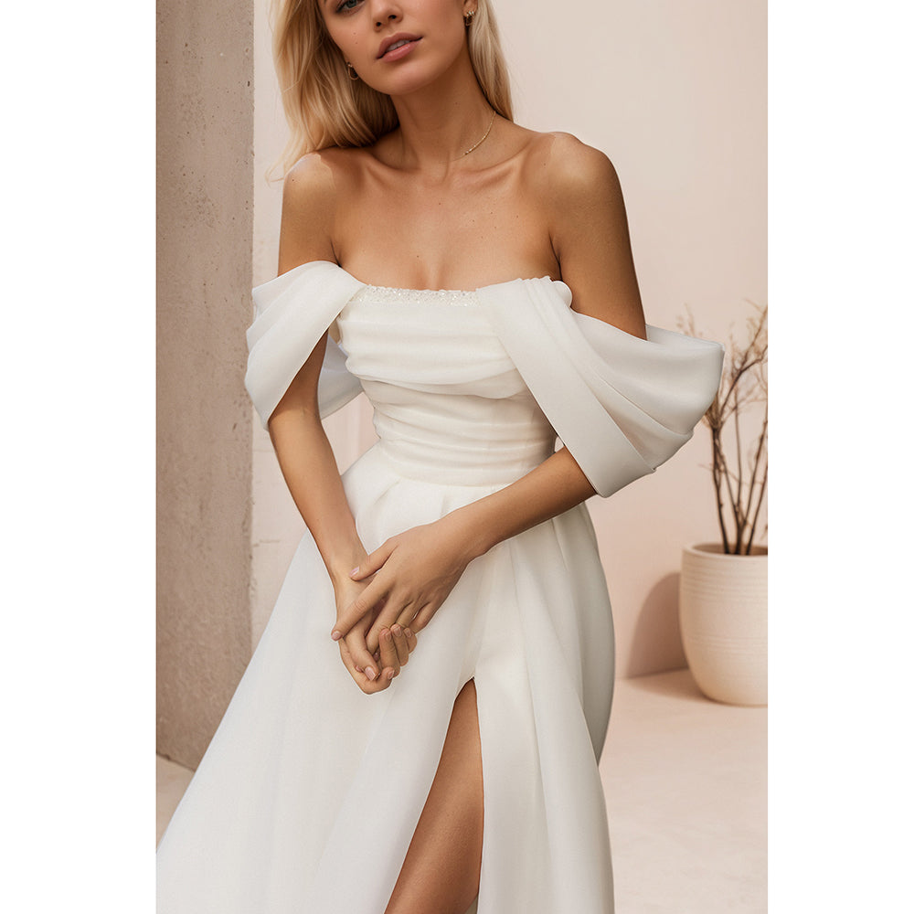 Off Shoulder Pleated Organza Wedding Dresses