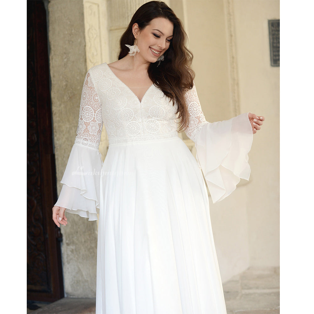 Plus Size Chiffon Flare Sleeves Wedding Dress with Lace Up Back