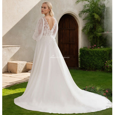 Robe de mariée grande taille, manches bouffantes, col en V, appliques transparentes en mousseline de soie, ligne A, robe de mariée Boho