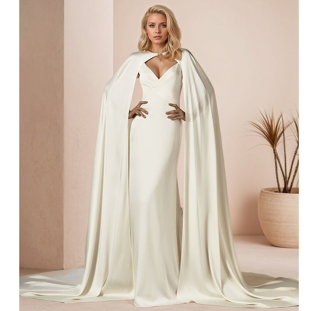 Soft Satin Muslim Wedding Dresses V Neck Bride Dress With Cape