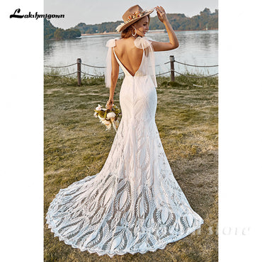Bohemian Mermaid Wedding Dress Women V-neck Lace Spaghetti Straps Bridal Gowns