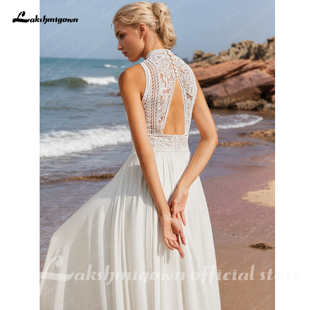 Plus Size Boho V Neck Long Flare Sleeve Lace Appliques Chiffon A Line Wedding Dress