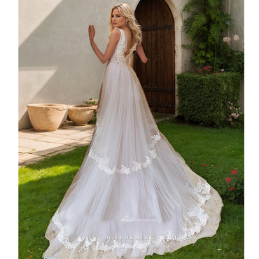Tiered Tulle A Line Wedding Dress Lace V Neck Boho Beach Open Back Bridal Gown