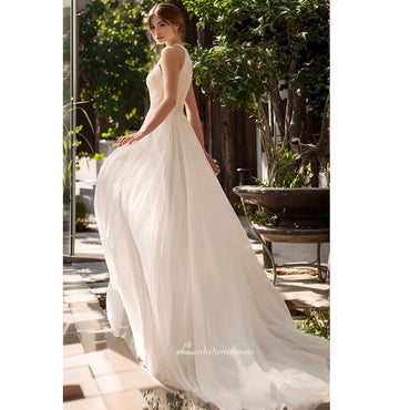 A-Line Chiffon Lace Wedding Dress Beach Split Front Sleeveless Floor-length Bridal Gown with Button Back