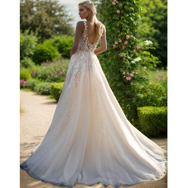 Boho Sleeveless V Neck Wedding Dress A Line Backless Applique Bride Gowns
