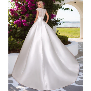 Satin Wedding Dresses with Crystals Detachable Jacket Ball Gowns With Hidden Pocket