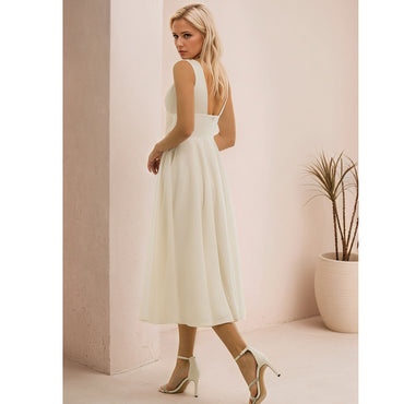 Abito da sposa corto Elegante abito da sposa lunghezza tè con scollo a V in tinta unita