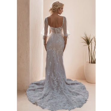 Abiti da sposa a sirena a maniche lunghe con scollo quadrato e abito da sposa da donna