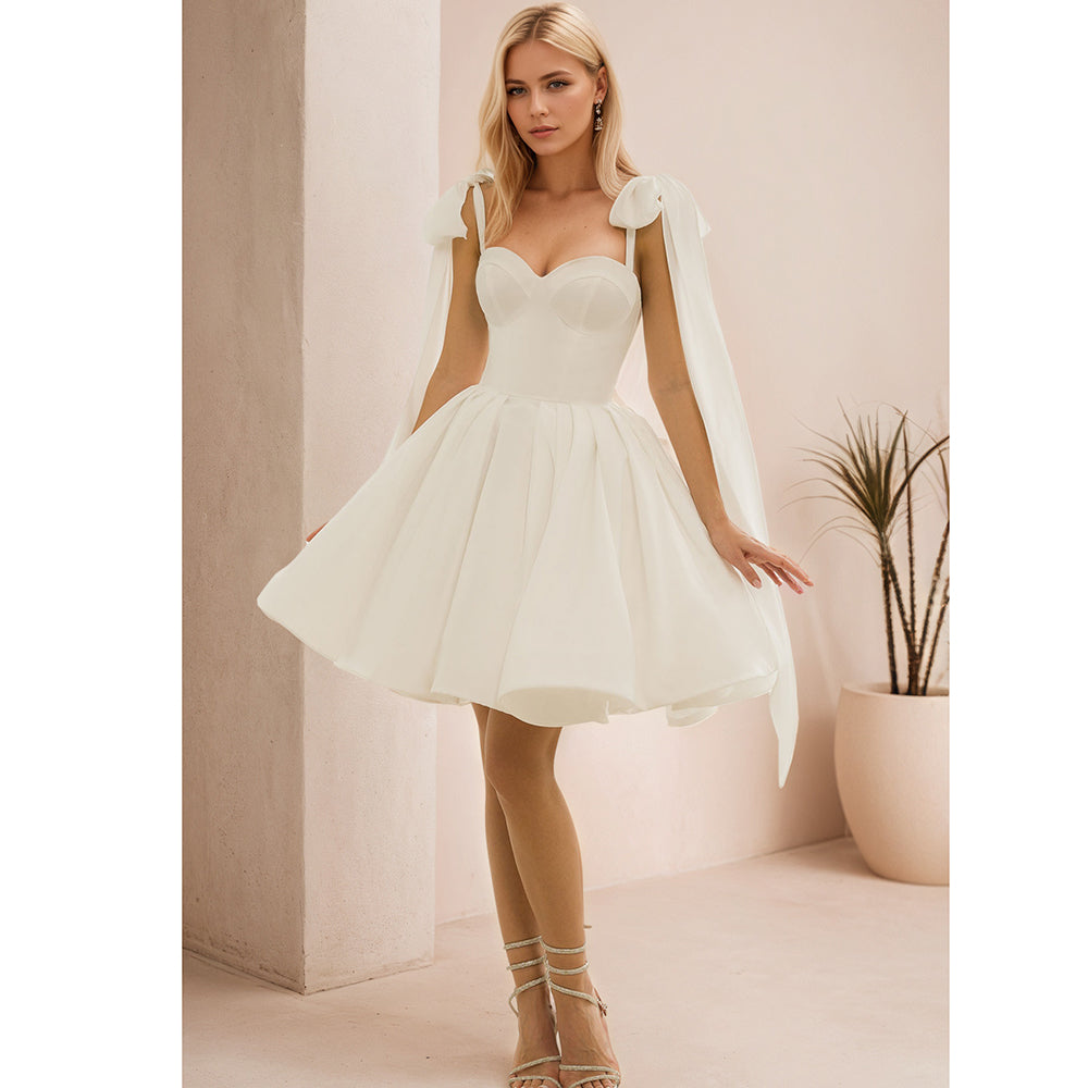 short satin wedding dress Dotiba Ivory Dresses for Bride Sleeveless A-Line Mini Bridal Gown with Bow V Neck Backless Bridal Dresses Size 0 at Amazon Women's Clothing store wearing size 4 Short Corset Mini Wedding Dress
