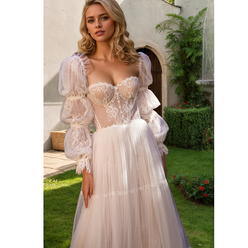 Long Sleeves Wedding Dresses Women Sweetheart Bridal Attire Pleat Lace Appliques Bride Gowns