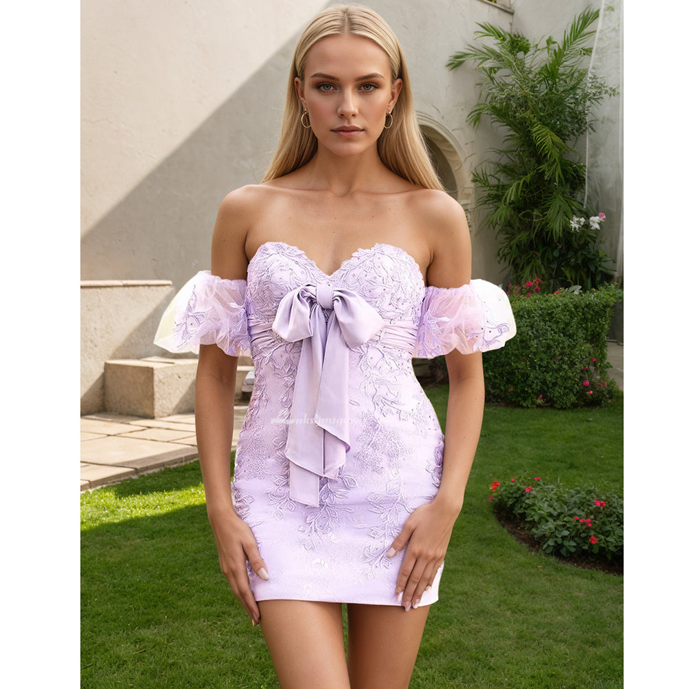 Sheath Sweetheart Lace Bow Short Homecoming Dress with Puff Sleeves HCM0143