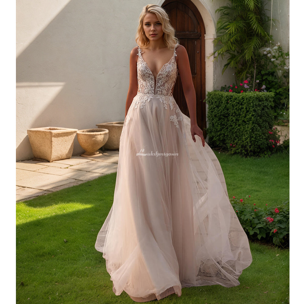 Sexy Bride Wedding Dress Spaghetti Straps V Neck Applique Backless A Line Champagne Bridal Gown