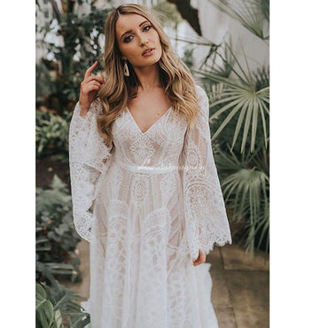 Bohemian Lace Boho Long Flare Sleeve Wedding Dress with V Neck Open Back