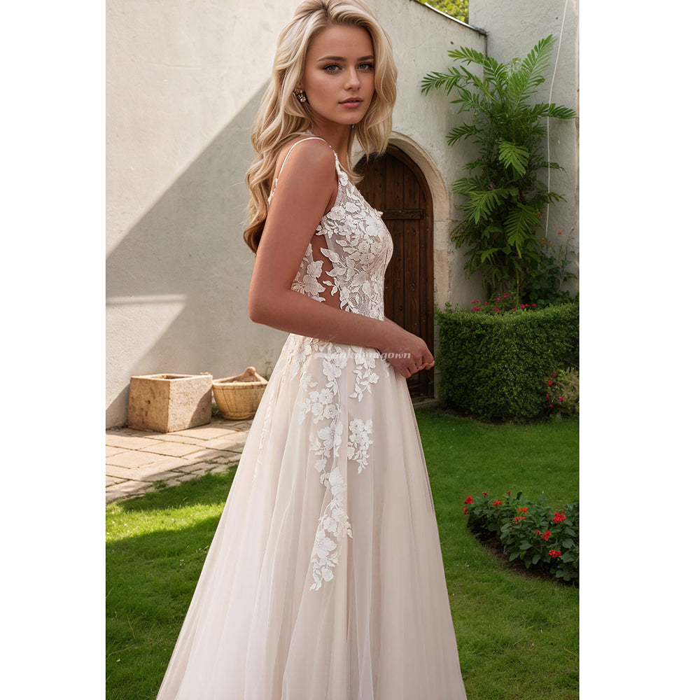 Sexy Bride Wedding Dress Spaghetti Straps V Neck Applique Backless A Line Champagne Bridal Gown