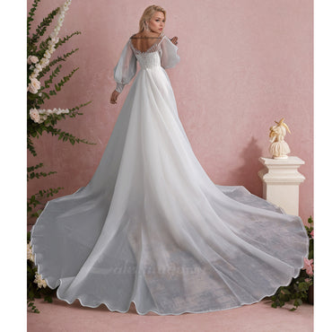 Long Puff Sleeves Pleat Organza A Line Wedding Dresses